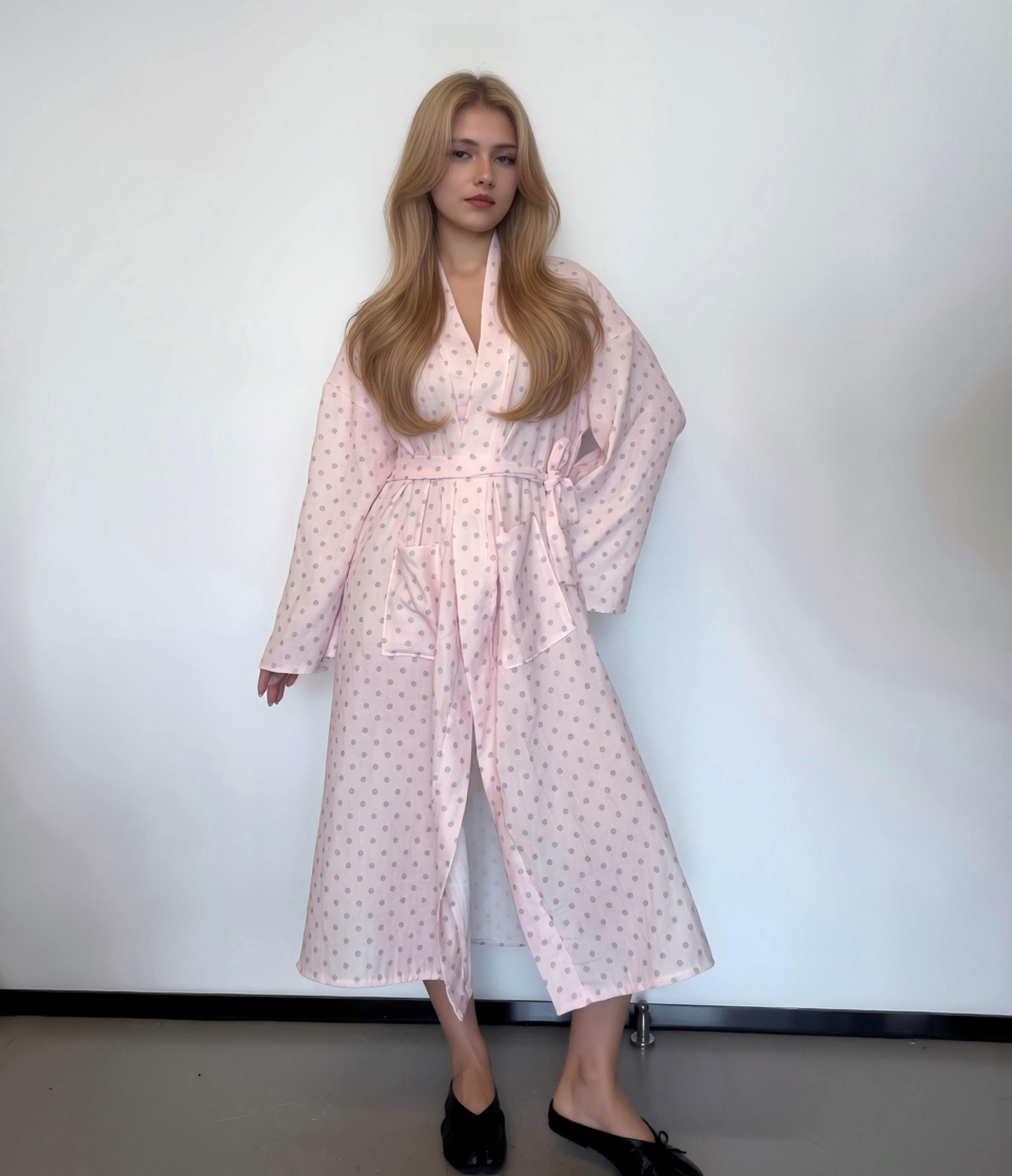 Women's Long-Sleeve Double Gauze Cotton Robe Polka Dot soft Bathrobe Lightweight Cotton Dressing Gown