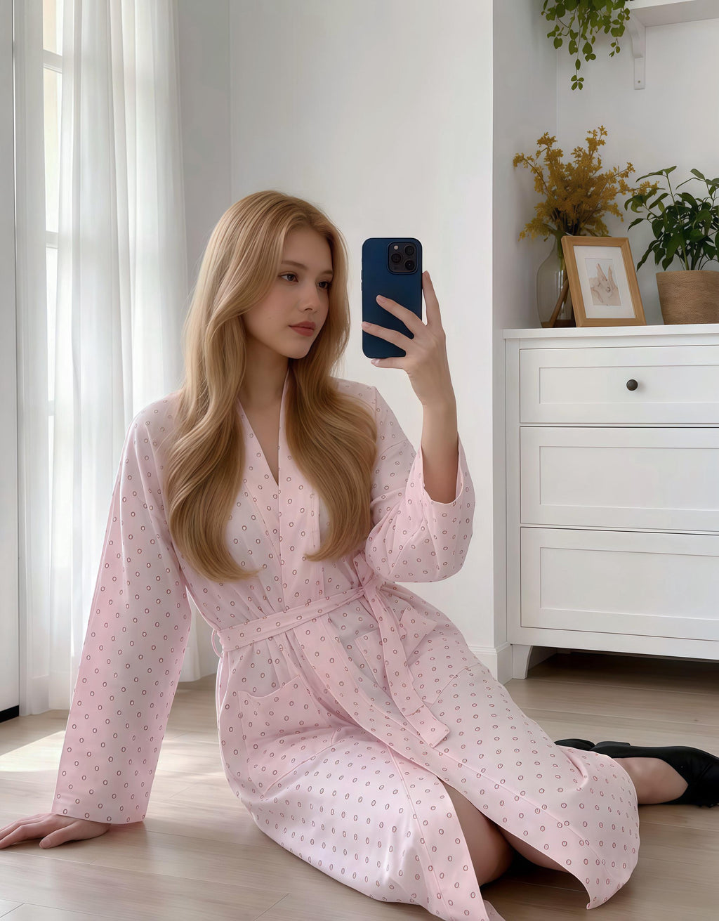 Women's Long-Sleeve Double Gauze Cotton Robe Polka Dot soft Bathrobe Lightweight Cotton Dressing Gown