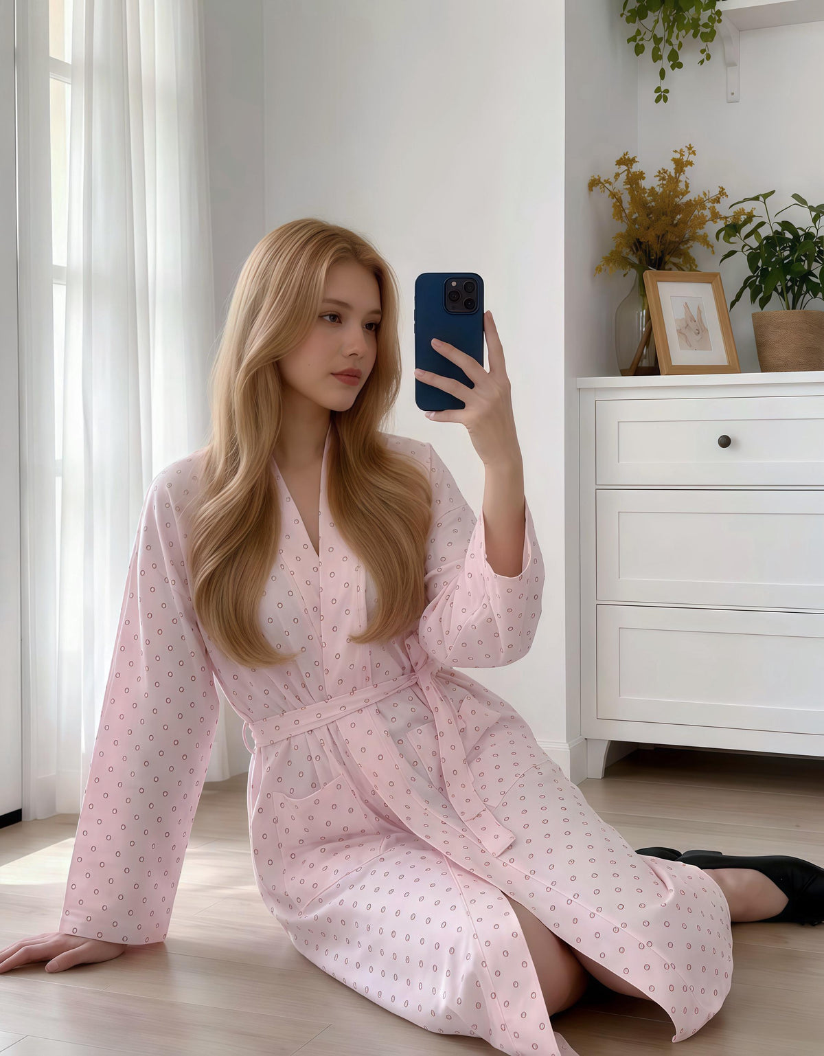 Women's Long-Sleeve Double Gauze Cotton Robe Polka Dot soft Bathrobe Lightweight Cotton Dressing Gown