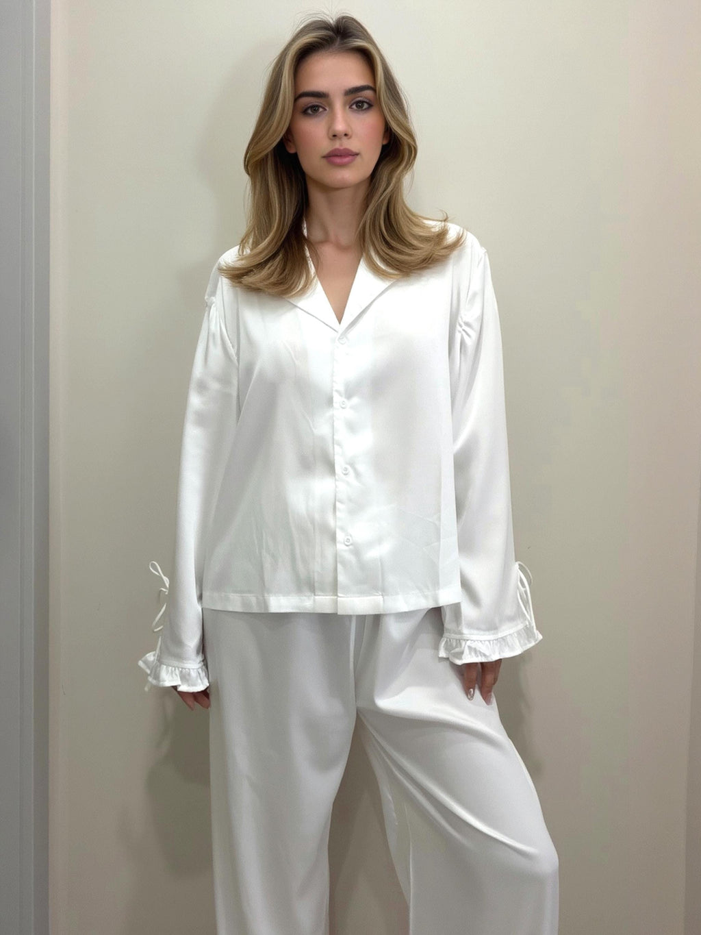 Satin Ruffle Pajama Set Women White Sleepwear Bride / Bridesmaids Bridal Party Pyjamas