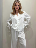 Satin Ruffle Pajama Set Women White Sleepwear Bride / Bridesmaids Bridal Party Pyjamas