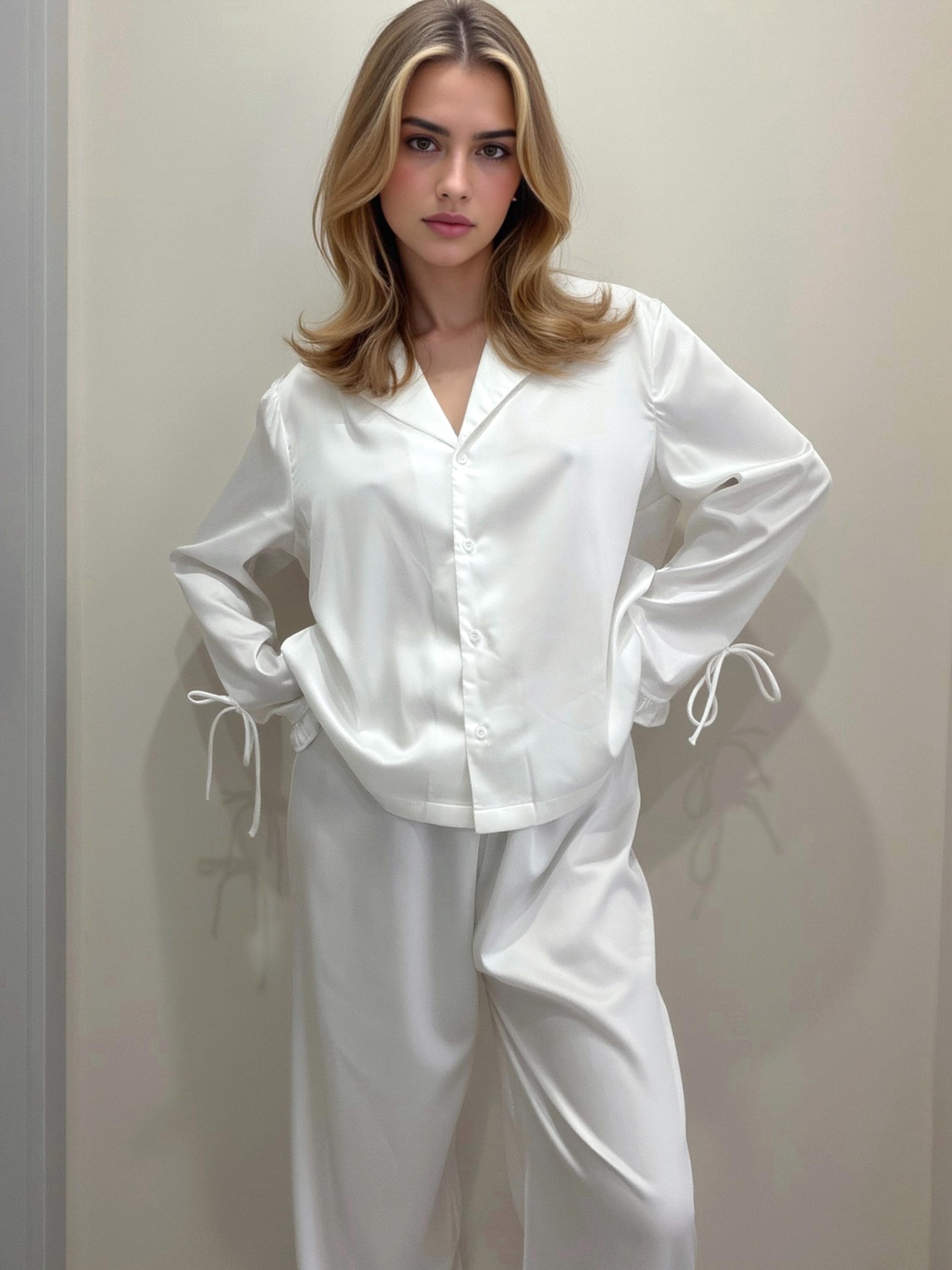 Satin Ruffle Pajama Set Women White Sleepwear Bride / Bridesmaids Bridal Party Pyjamas