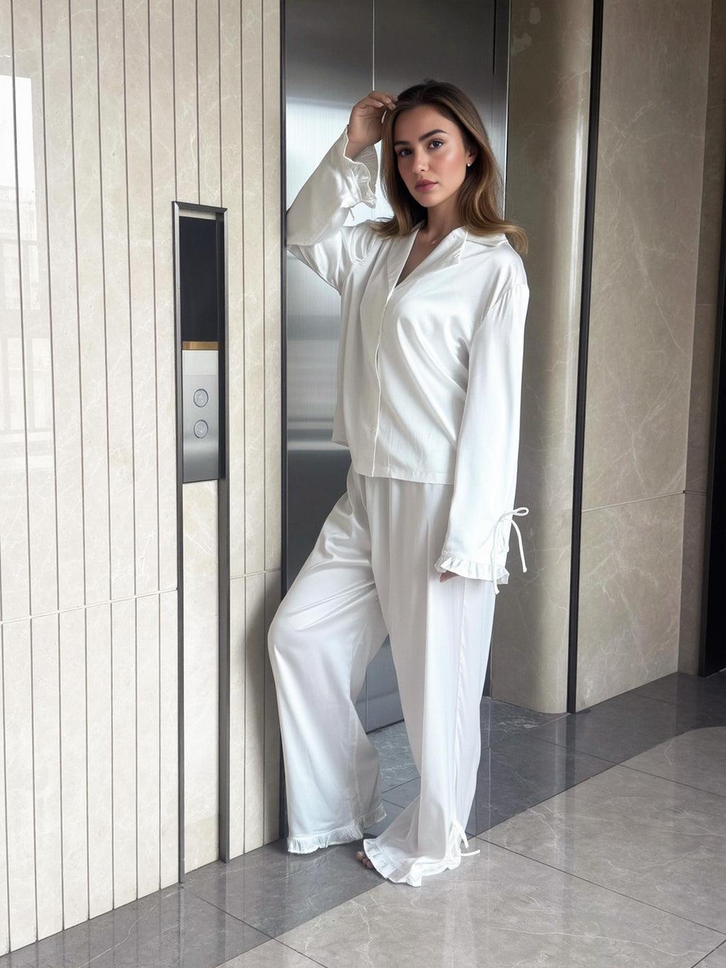 Satin Ruffle Pajama Set Women White Sleepwear Bride / Bridesmaids Bridal Party Pyjamas