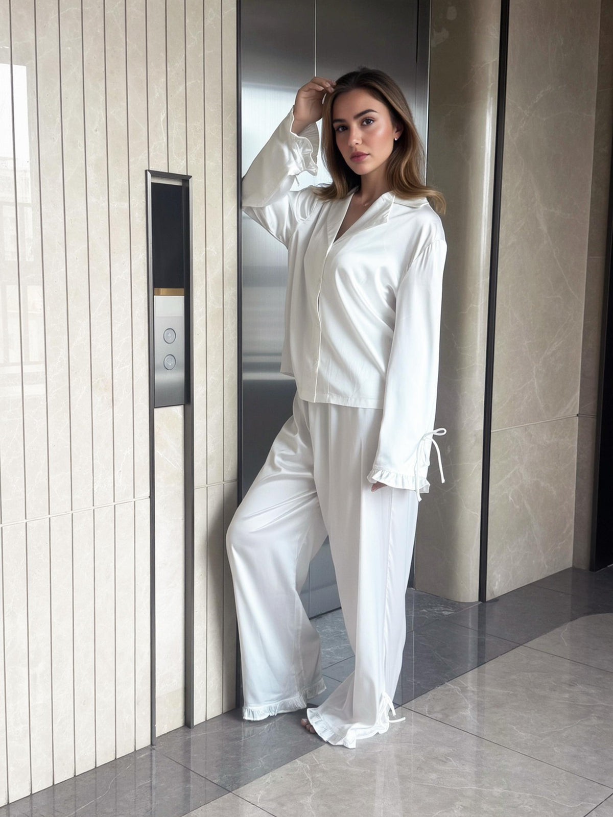 Satin Ruffle Pajama Set Women White Sleepwear Bride / Bridesmaids Bridal Party Pyjamas