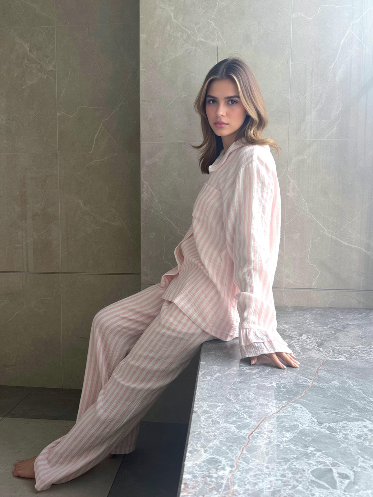 Muslin Striped Ruffle Pajama Set Women Pink Cotton Gauze Fall Sleepwear Gift for her