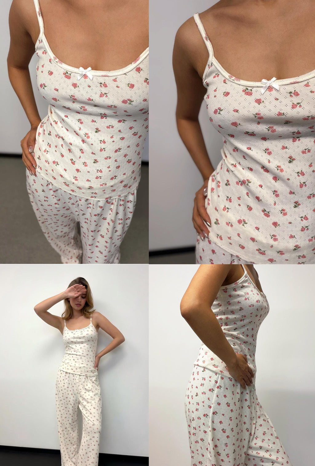 Floral Cotton Pajama Set: Women's Soft Pointelle Tank Cami and Pants