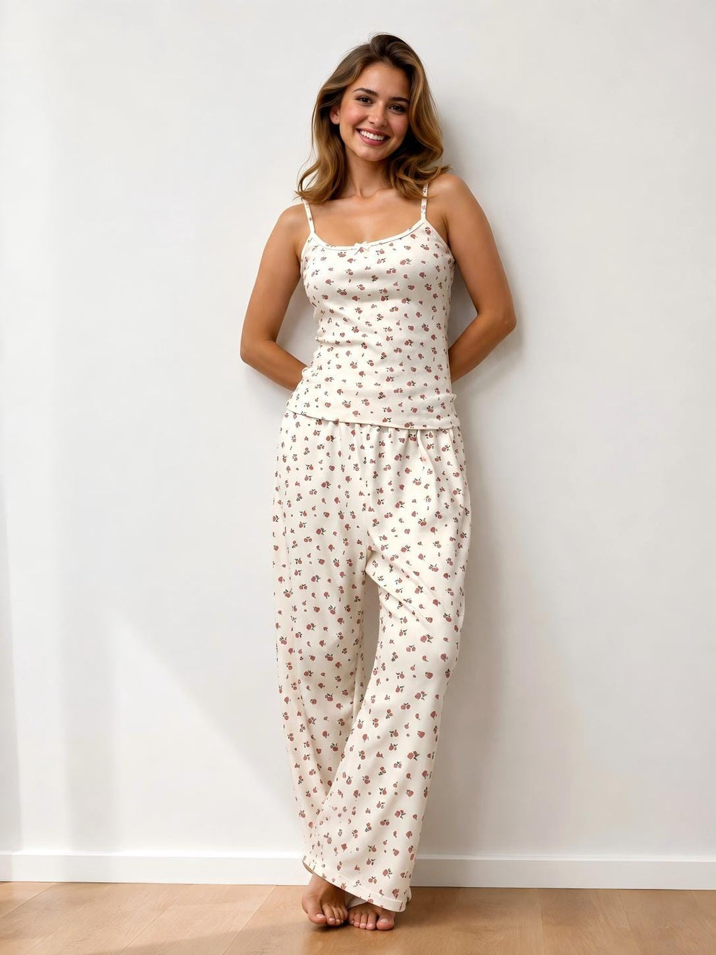 Floral Cotton Pajama Set: Women's Soft Pointelle Tank Cami and Pants