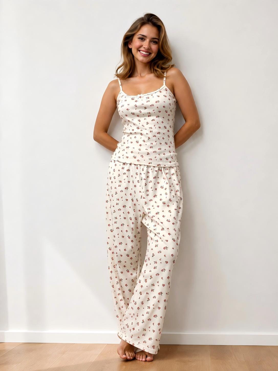 Floral Cotton Pajama Set: Women's Soft Pointelle Tank Cami and Pants