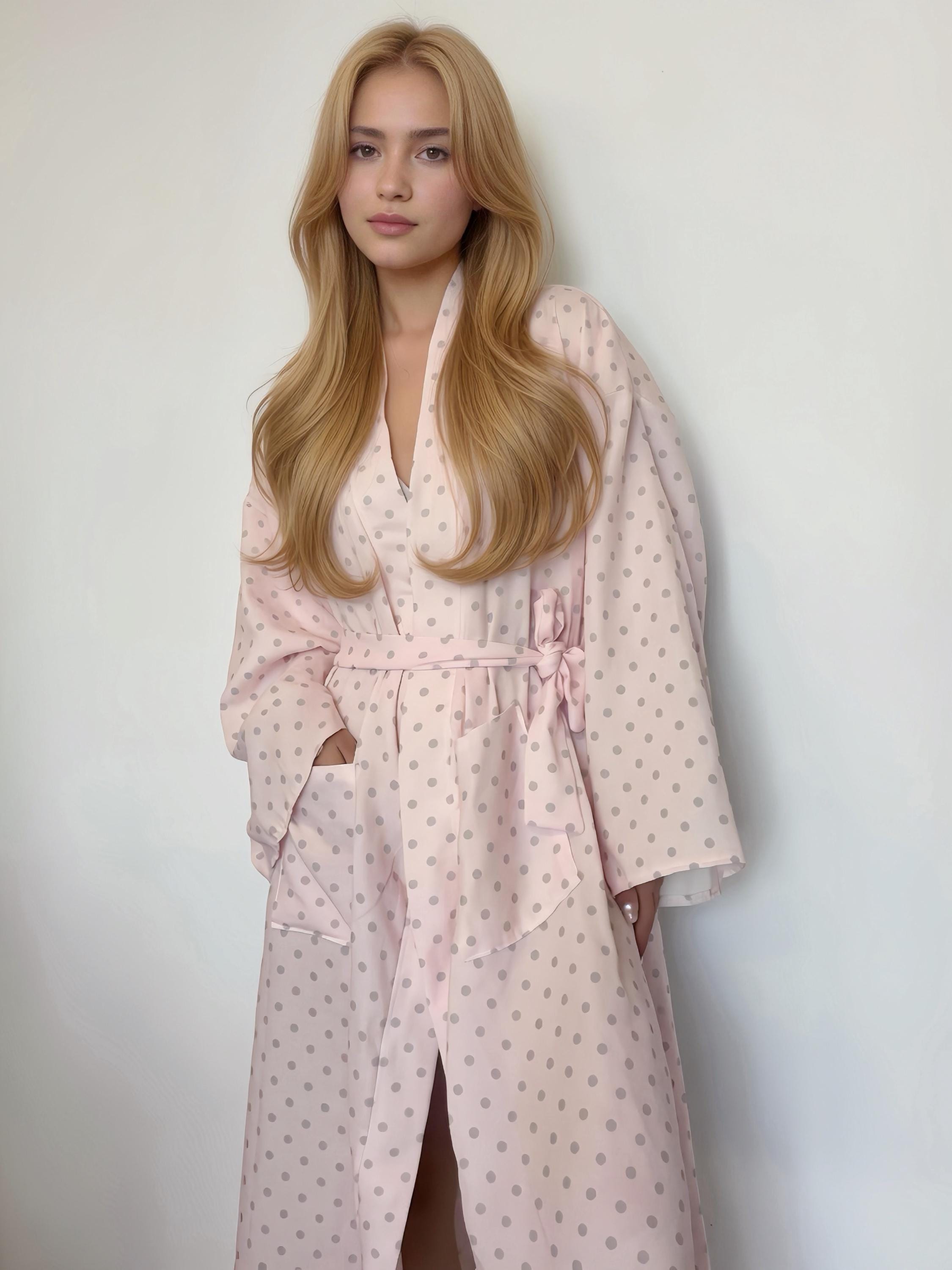 Women's Long-Sleeve Double Gauze Cotton Robe Polka Dot soft Bathrobe Lightweight Cotton Dressing Gown