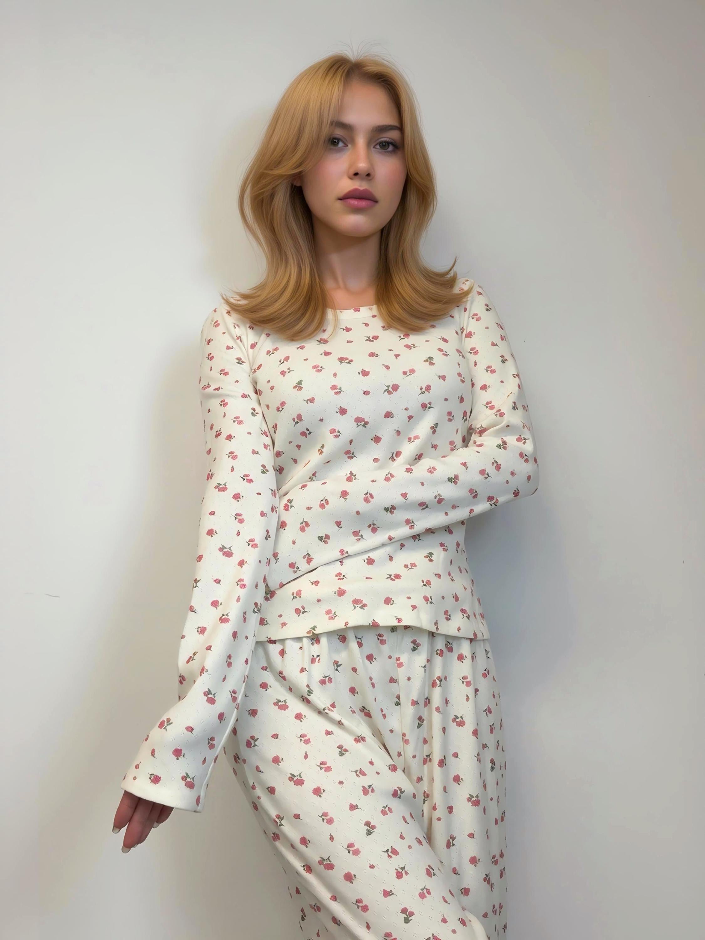 Floral Pointelle Cotton Pajama Set – Romantic Vintage Lounge Wear